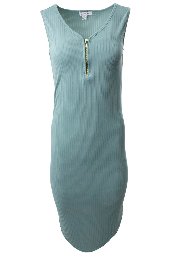 Ribbed Sleeveless Front Zip Midi Dress