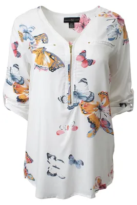 Butterfly Printed Zip Front Roll Up Sleeve Shirt