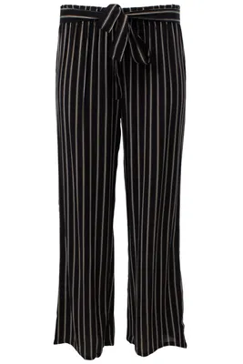 Striped Belted Palazzo Pants - Black