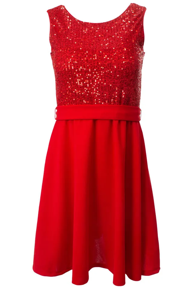 Belted Sequin Sleeveless Cocktail Dress