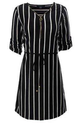 Striped Front Zip Roll Up Sleeve Day Dress