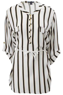Striped Zip Front Flap Pocket Tunic Shirt
