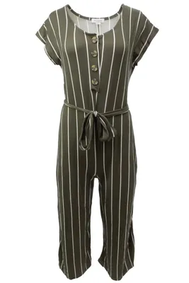 Striped Cap Sleeve Henley Jumpsuit