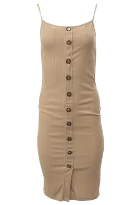 Solid Ribbed Button Front Midi Dress