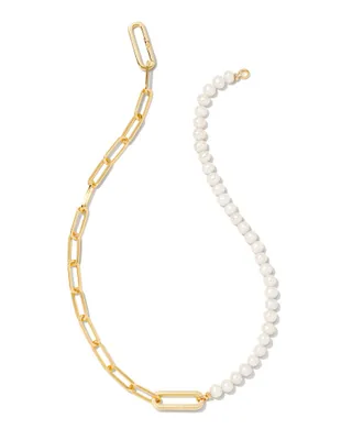 Ashton Half Chain Necklace In Gold White Pearl