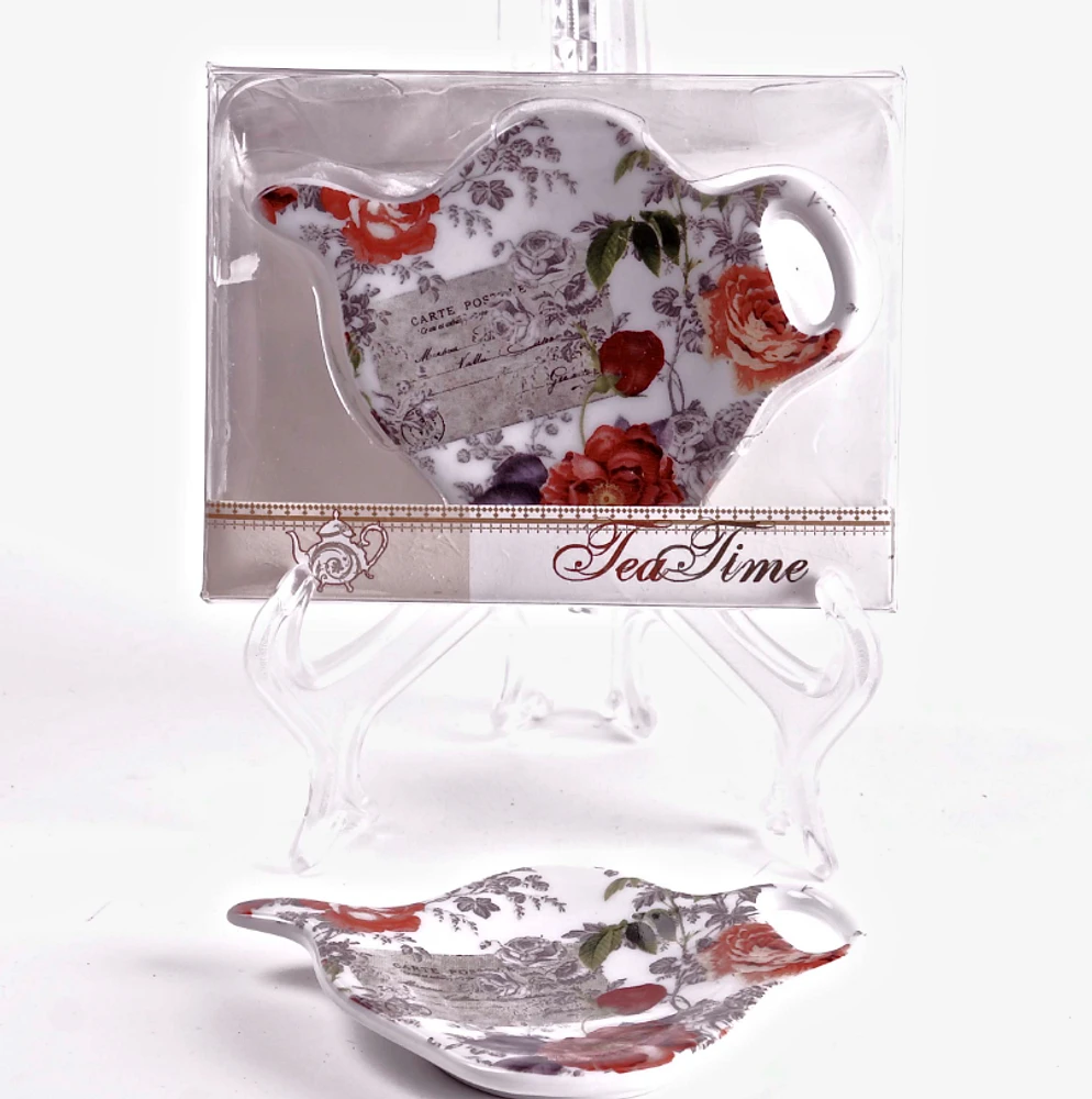 Porcelain Tea Bag Holders in Gift Box, Roses, Set of 2