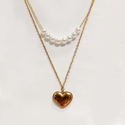 Gold Plated Heart Necklace w/ Pearls