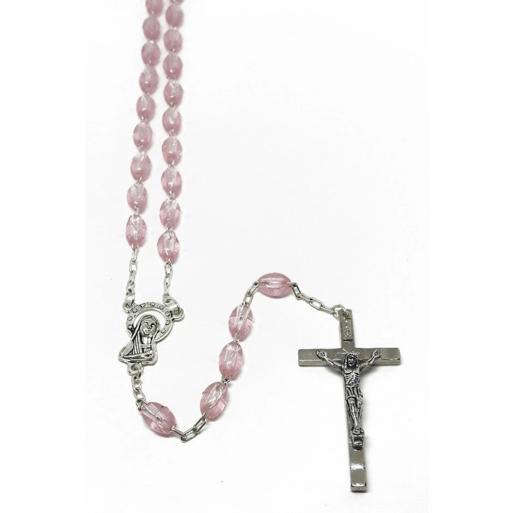 Plastic Oval Pink Bead Rosary Amethyst