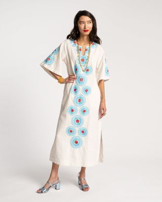 Charming Caftan Aster Print Oyster Light Blue Red