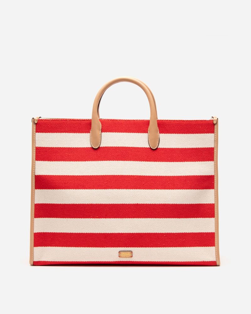 Large Tote Striped Canvas Natural Red