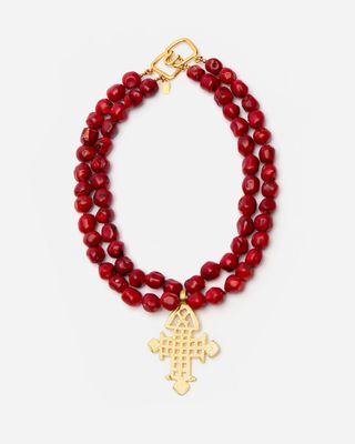 Red Bead Cross Necklace
