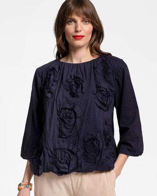 Emily Ruched Flower Top Navy