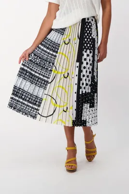 YELLOW MIXED PRINTS PLEATED SKIRT