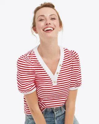 V-Neck Puff Short Sleeve T-Shirt Lipstick Red Mariner Stripe