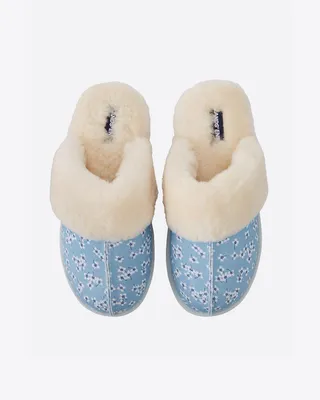 Shearling Clog Slippers Floral Chambray
