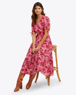 Faux Wrap Dress Raspberry Clematis Floral