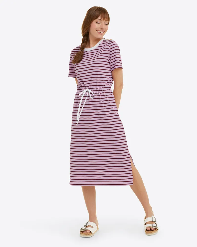 Tie Waist Midi T-Shirt Dress Dark Pink Mariner Stripe