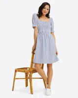 Cam Smocked Dress Blue Shirting Stripe