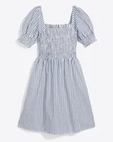 Cam Smocked Dress Blue Shirting Stripe