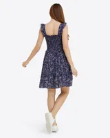 Shania Smocked Dress Navy Ribbon Flower