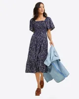 Deana Smocked Dress Navy Ribbon Floral