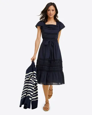 Tie Waist Peasant Dress Navy Embroidered Stripe