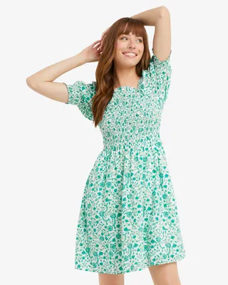 Cam Smocked Dress Green Woodblock Floral