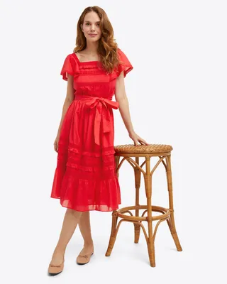 Tie Waist Peasant Dress Embroidered Stripe