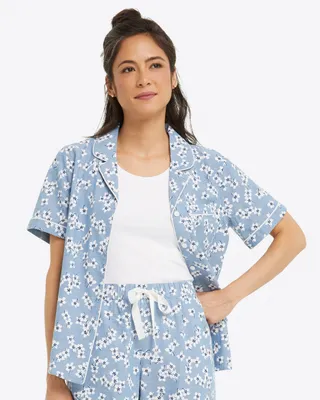 Button Down Pajama Shirt Floral Chambray