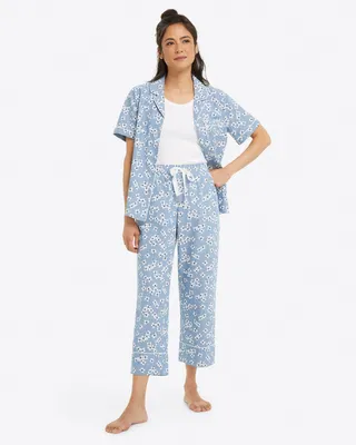 Cropped Pajama Pants Floral Chambray