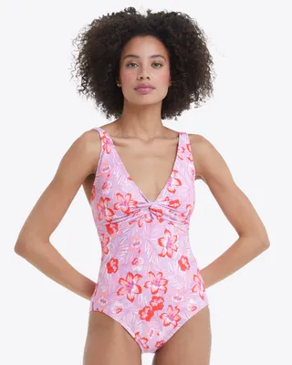 Twist Front One Piece Swimsuit Floral Scallop