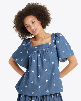Maren Top Embroidered Chambray