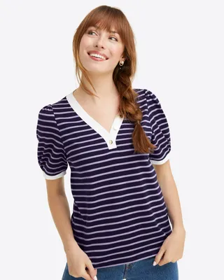 V-Neck Puff Sleeve T-Shirt Nassau Navy Nautical Stripe