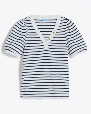 V-Neck Puff Short Sleeve T-Shirt Nassau Navy Mariner Stripe