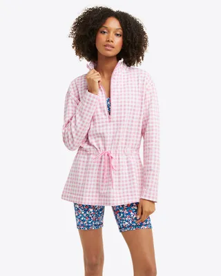 Cinch Waist Quarter-Zip Pink Gingham