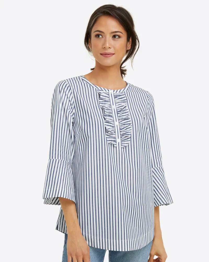 Ruffle Placket Tunic Shirting Stripe