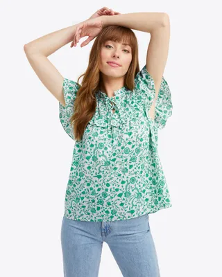 Raelynn Top Green Woodblock Floral