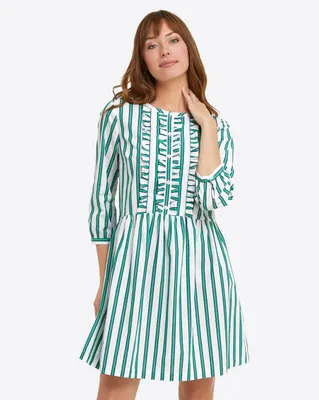 Ruffle Placket Shift Dress Bold Green Stripe