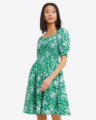 Cam Smocked Dress Green Shadow Floral