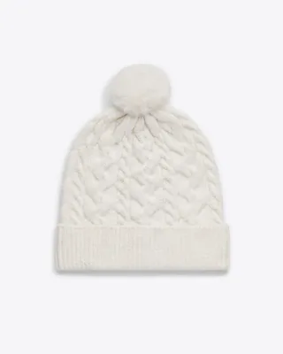 Cable Knit Hat with Pom Pom in Willow White