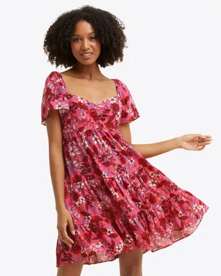 Emily Mini Dress Raspberry Clematis Floral