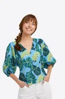 Puff Sleeve Top Monstera Floral