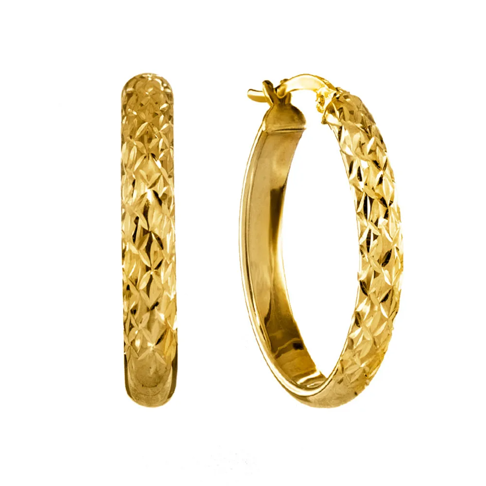 Diamond-Cut Oval Hoop Earrings 10K Yellow Gold