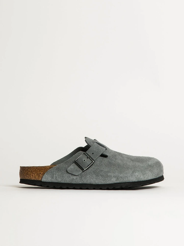 MENS BIRKENSTOCK BOSTON SOFT FOOTBED SUEDE SANDALS - BASALT GREY