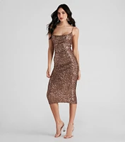 Lillia Formal Cowl Neck Sequin Midi Dress