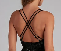 Emely Sequin Mesh Double X-Back Midi Formal Dress
