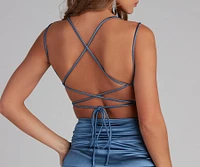 Becca Satin Lace-Up Ruched Mini Dress