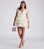 Devon Ruffled Tulle V-Neck Party Dress