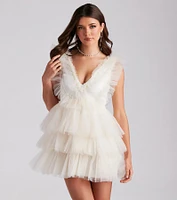 Devon Ruffled Tulle V-Neck Party Dress