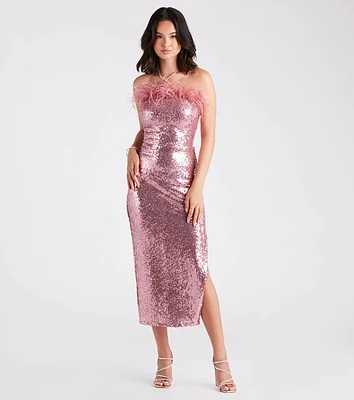 Marlin Formal Sequin Feather Midi Dress